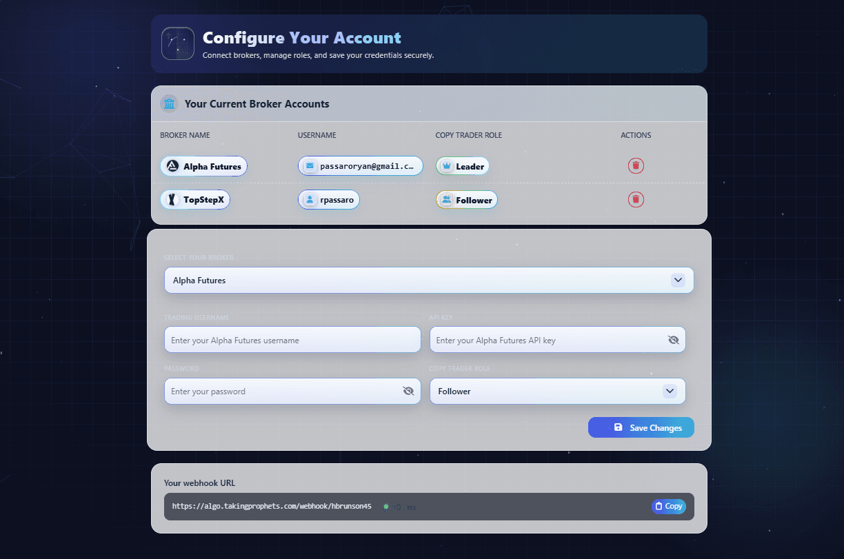 Screenshot of Taking Prophets order routing dashboard showing multi-broker order flow